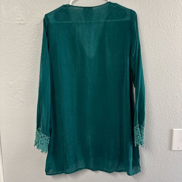 Johnny Was Teal Rayon Embroidered Floral Lace Size Small Tunic Blouse Shirt - Picture 5 of 5